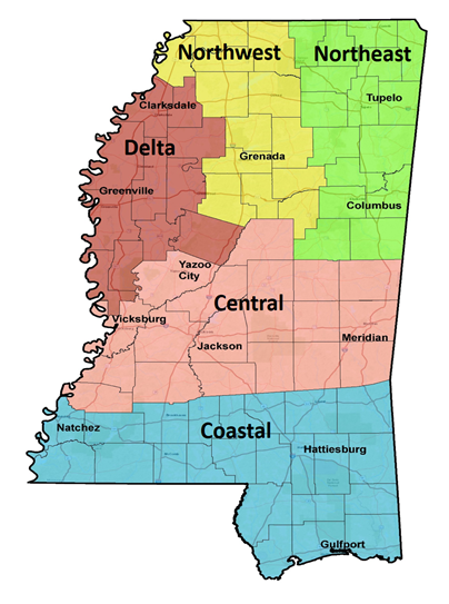 Map of MDWFP regions: Northwest, Northeast, Delta, Central, and Coastal